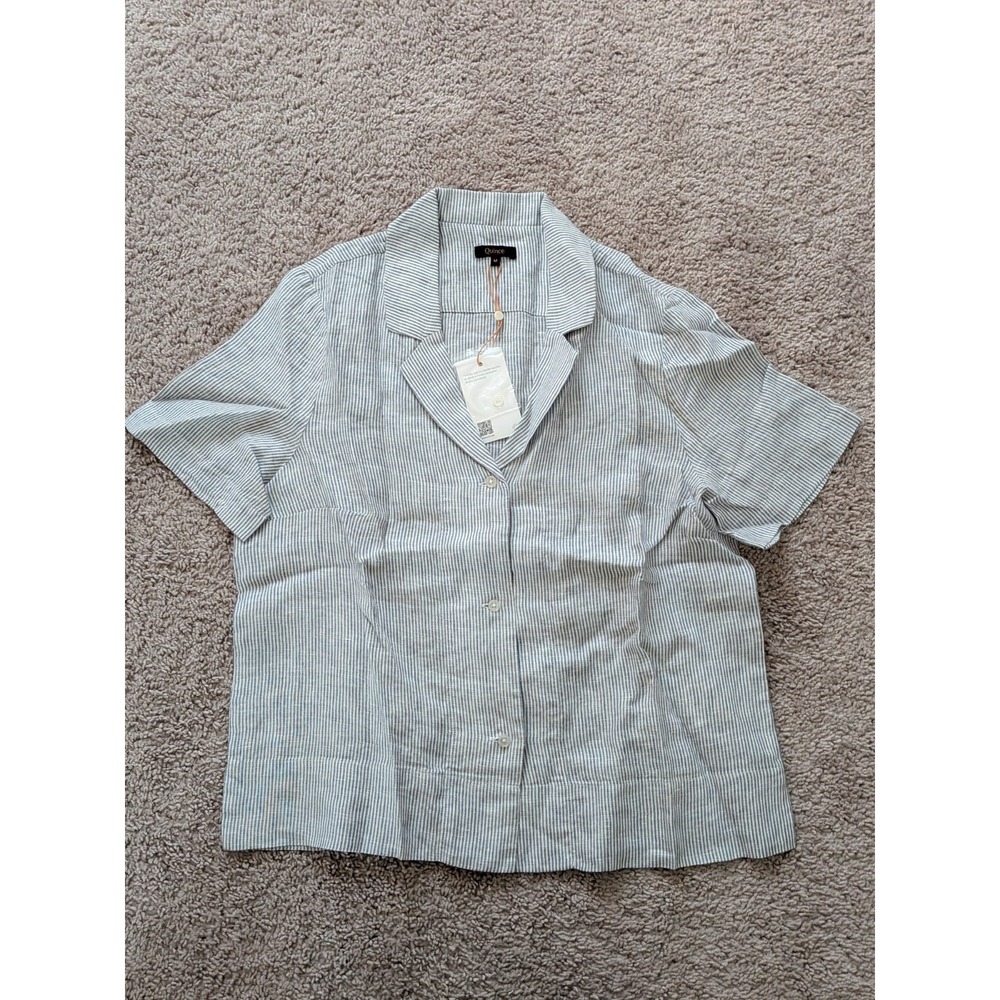 Quince European Linen Short Sleeve Shirt Blue Pinstripe Womens Medium NWT Preppy